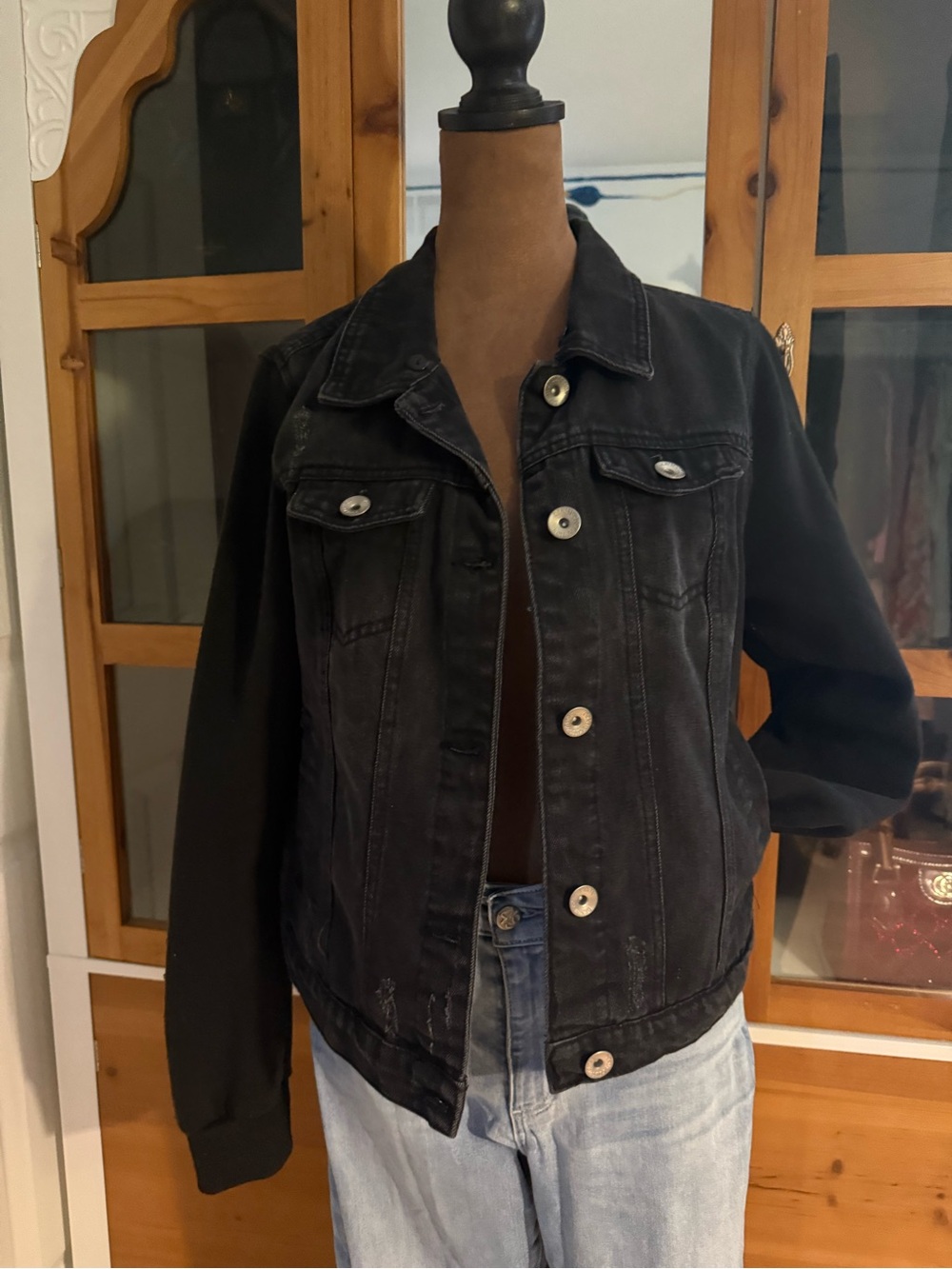 Ci Sono Black Denim Jacket with Knit Sleeves